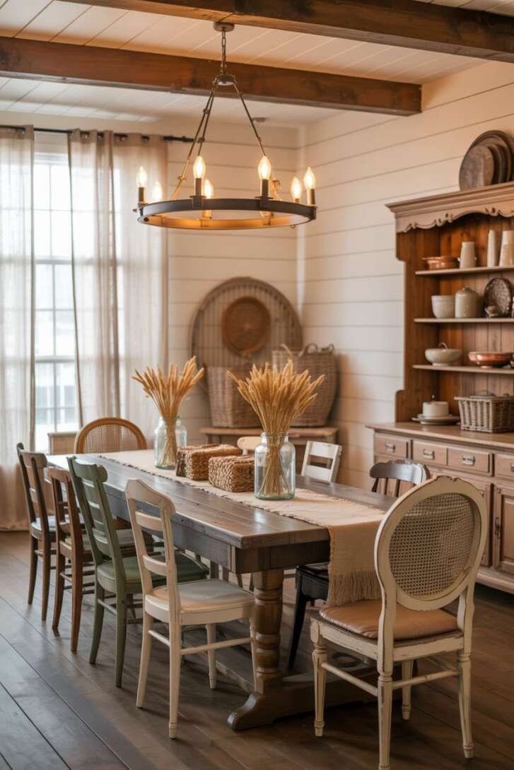 Stylish farmhouse dining room with mason jar centerpieces and burlap table runners