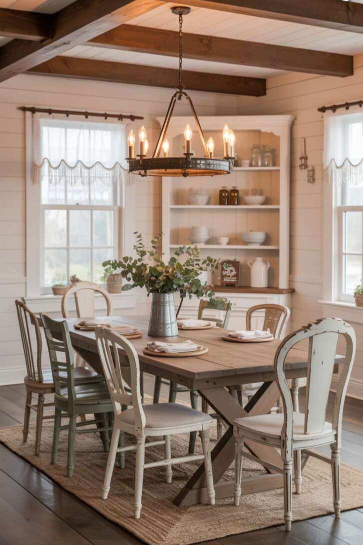 Warm farmhouse dining room with jute rug and lace-curtained windows