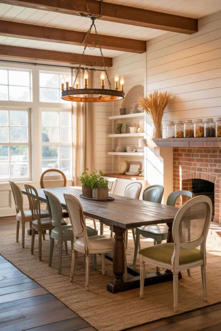 Stylish farmhouse dining room with brick fireplace and wooden mantel display