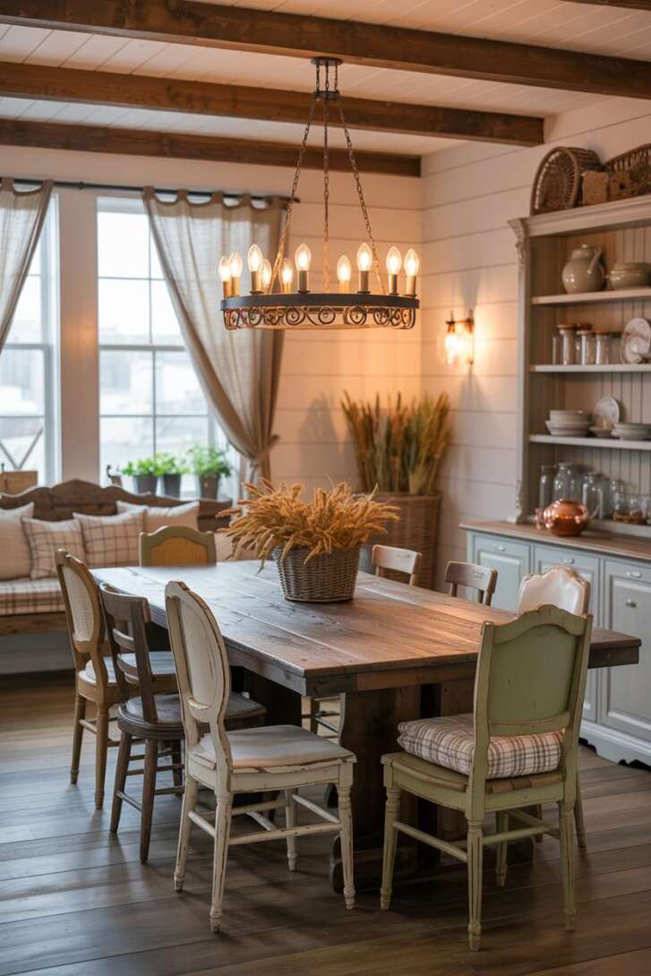Rustic farmhouse dining room with weathered vintage chairs and dried wheat stalks