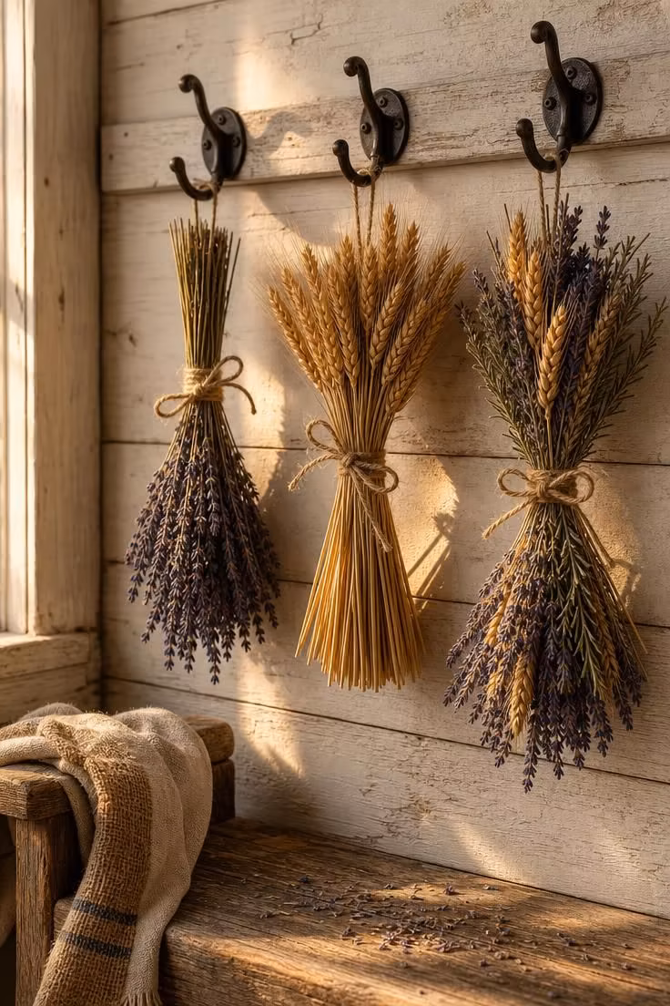 Three dried lavender and wheat bundles hanging from iron coat hooks on a whitewashed shiplap wall in warm golden light.