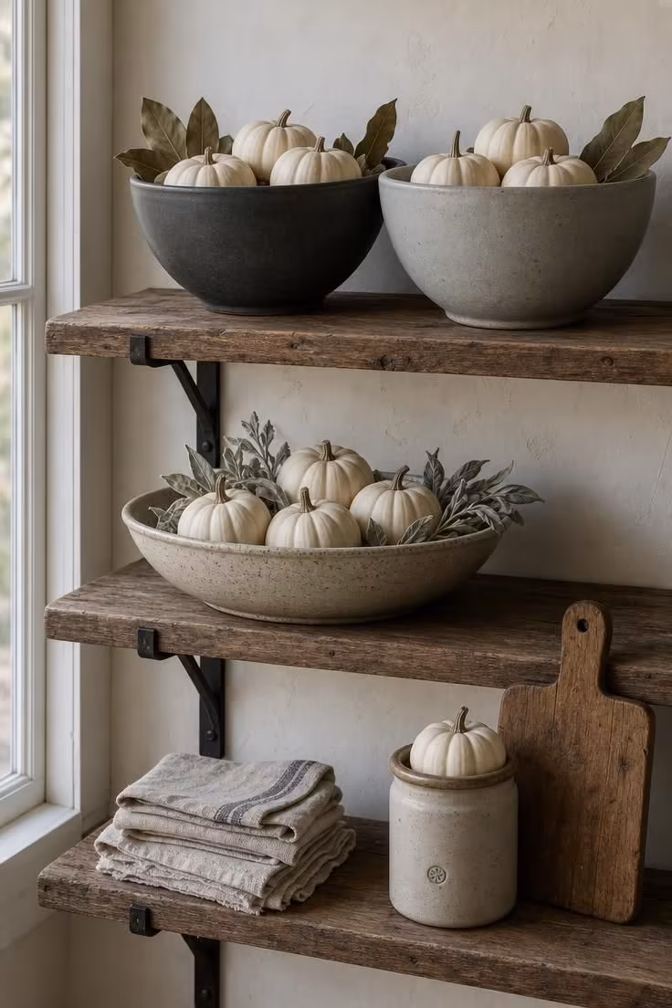 Open kitchen shelves with stoneware mixing bowls holding miniature white pumpkins and dried bay leaves in cool overcast light.