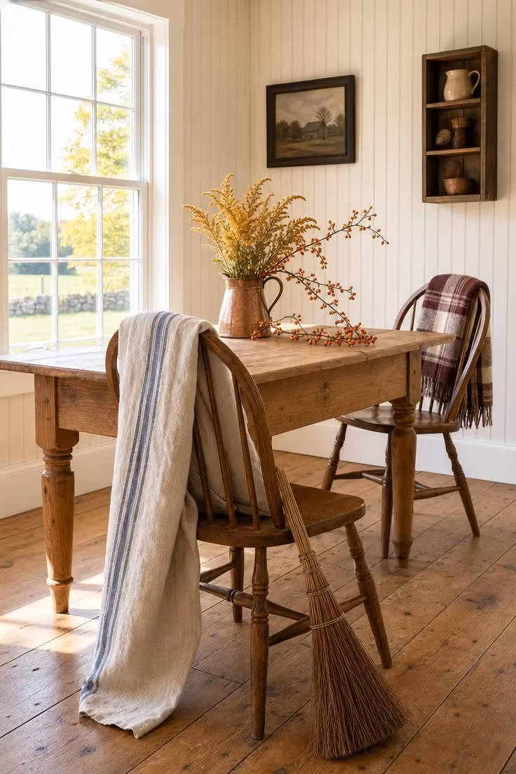 A farmhouse dining corner with a linen grain sack draped over a Windsor chair and a cinnamon broom leaning at its base in bright midday light.