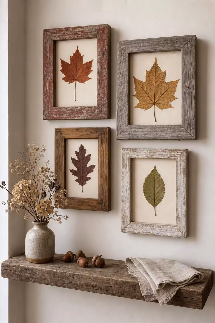 Four reclaimed barn wood frames holding pressed autumn leaves in rust, amber, burgundy, and green arranged as a small gallery wall in soft diffused light.