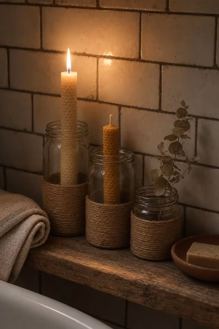 Three jute-wrapped glass jars of staggered heights with beeswax tapers on a rustic bathroom shelf in moody low light.