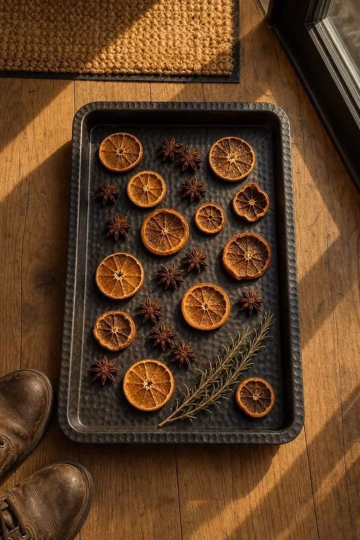 Overhead view of an iron boot tray filled with dried orange slices and star anise on wide-plank oak flooring in warm golden afternoon light.