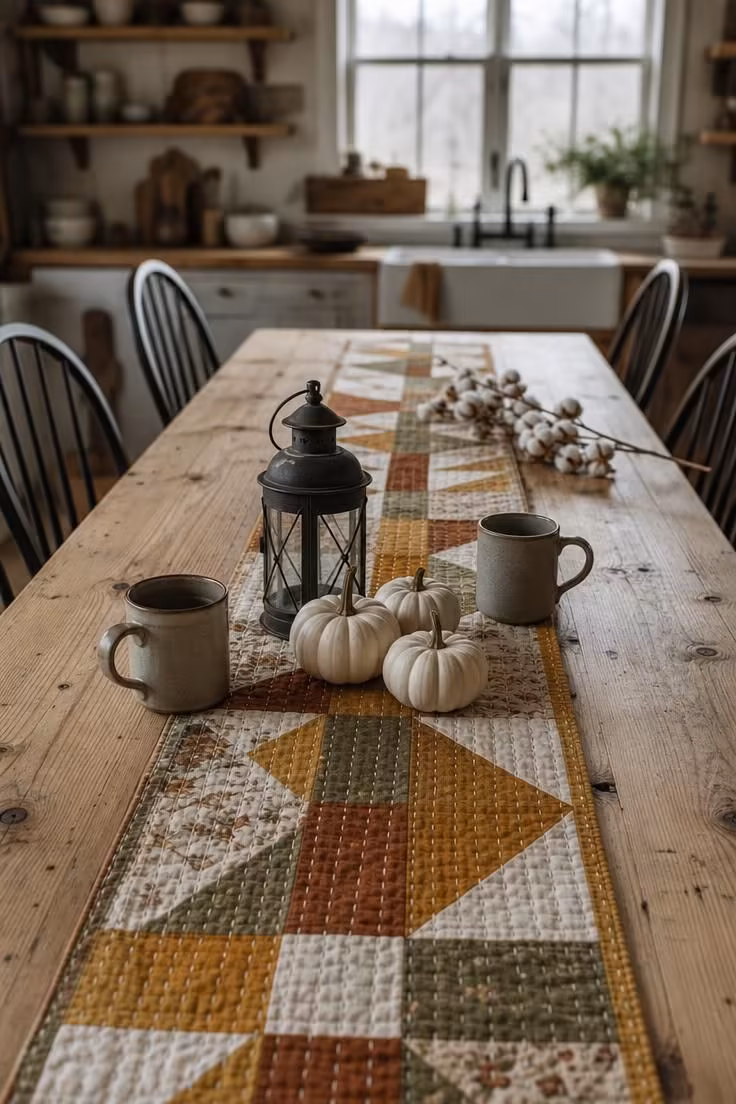 A hand-quilted patchwork runner in harvest tones stretching across a raw pine farm table with small pumpkins and a vintage lantern in cool overcast light.