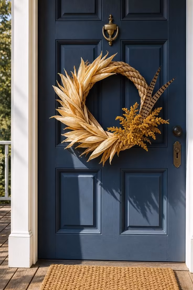A braided rope and dried corn husk wreath with goldenrod and pheasant feathers on a slate blue paneled front door in bright midday sunlight.