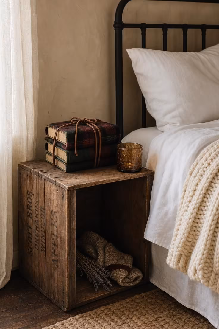 A wooden apple crate used as a nightstand with flannel-wrapped books and an amber votive beside a white linen bed in soft diffused light.