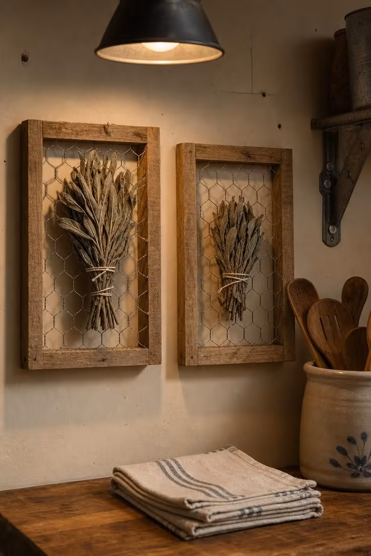 Two galvanized chicken wire frames mounted on a cream kitchen wall holding dried sage bundles in moody low pendant light.
