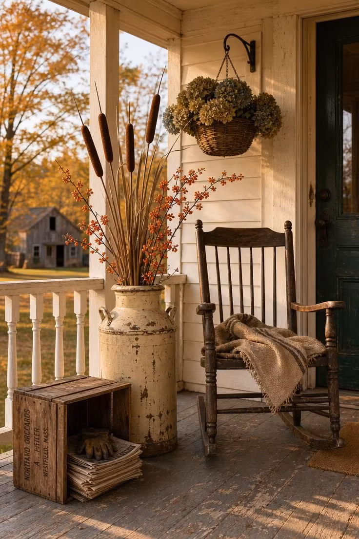 A chipped cream painted milk can with dried cattails and bittersweet berry branches on a weathered farmhouse porch in warm golden afternoon light.