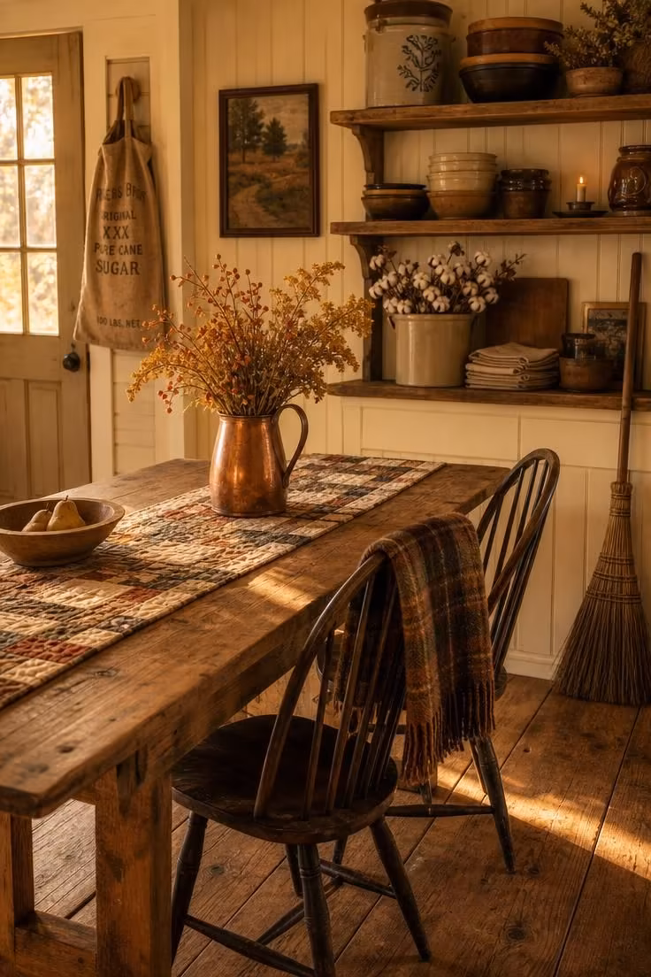 Simple Spaces 15 A farmhouse kitchen and dining area with a quilted runner, copper pitcher with dried stems, Windsor chairs, and open shelving in warm golden afternoon light.