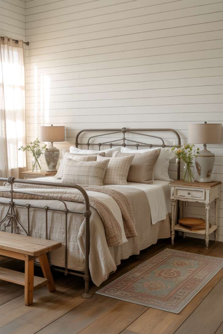 11 Cozy Farmhouse Guest Bedroom Ideas with Rustic Charm 1 Farmhouse guest bedroom with white shiplap walls, wrought iron bed frame, and wildflower arrangements on distressed white nightstands