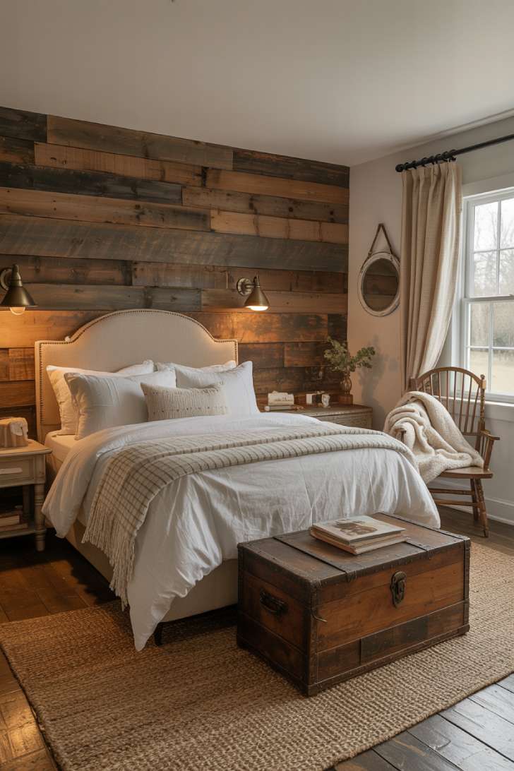11 Cozy Farmhouse Guest Bedroom Ideas with Rustic Charm 2 Farmhouse guest bedroom with reclaimed wood accent wall, upholstered beige headboard, and antique brass wall sconces