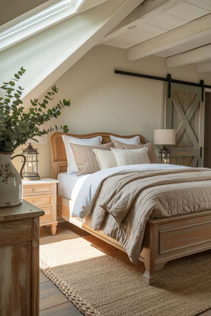 11 Cozy Farmhouse Guest Bedroom Ideas with Rustic Charm 3 Bright farmhouse bedroom with white-painted vaulted ceiling beams, wooden sleigh bed, and a muted sage green barn door