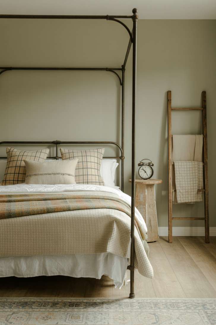 11 Cozy Farmhouse Guest Bedroom Ideas with Rustic Charm 4 Cozy farmhouse guest bedroom with black metal canopy bed, waffle blanket, and a rustic wooden quilt ladder against a greige wall