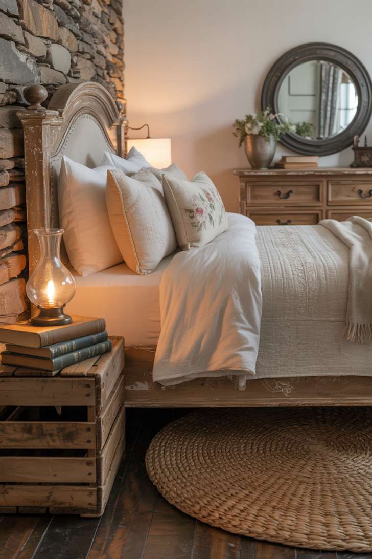 11 Cozy Farmhouse Guest Bedroom Ideas with Rustic Charm 5 Farmhouse guest bedroom with stone accent wall, distressed wooden bed frame, hand-stitched quilt, and a rustic wooden crate nightstand