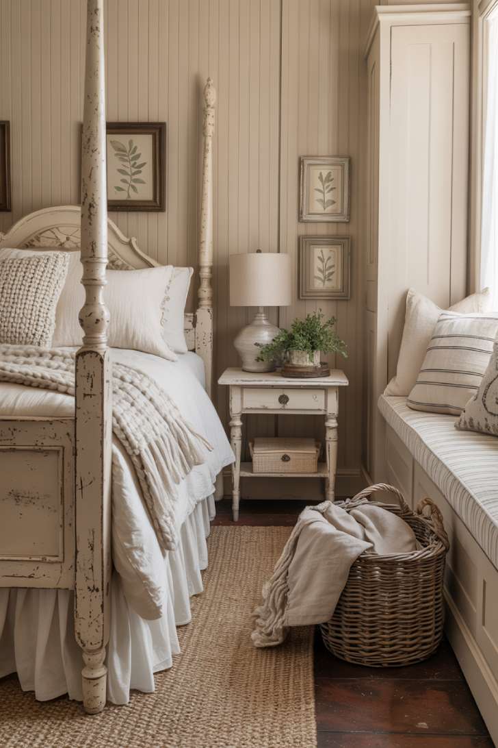 11 Cozy Farmhouse Guest Bedroom Ideas with Rustic Charm 6 Farmhouse guest bedroom with beadboard paneling, distressed white four-poster bed, ruffled bed skirt, and a window seat with built-in storage