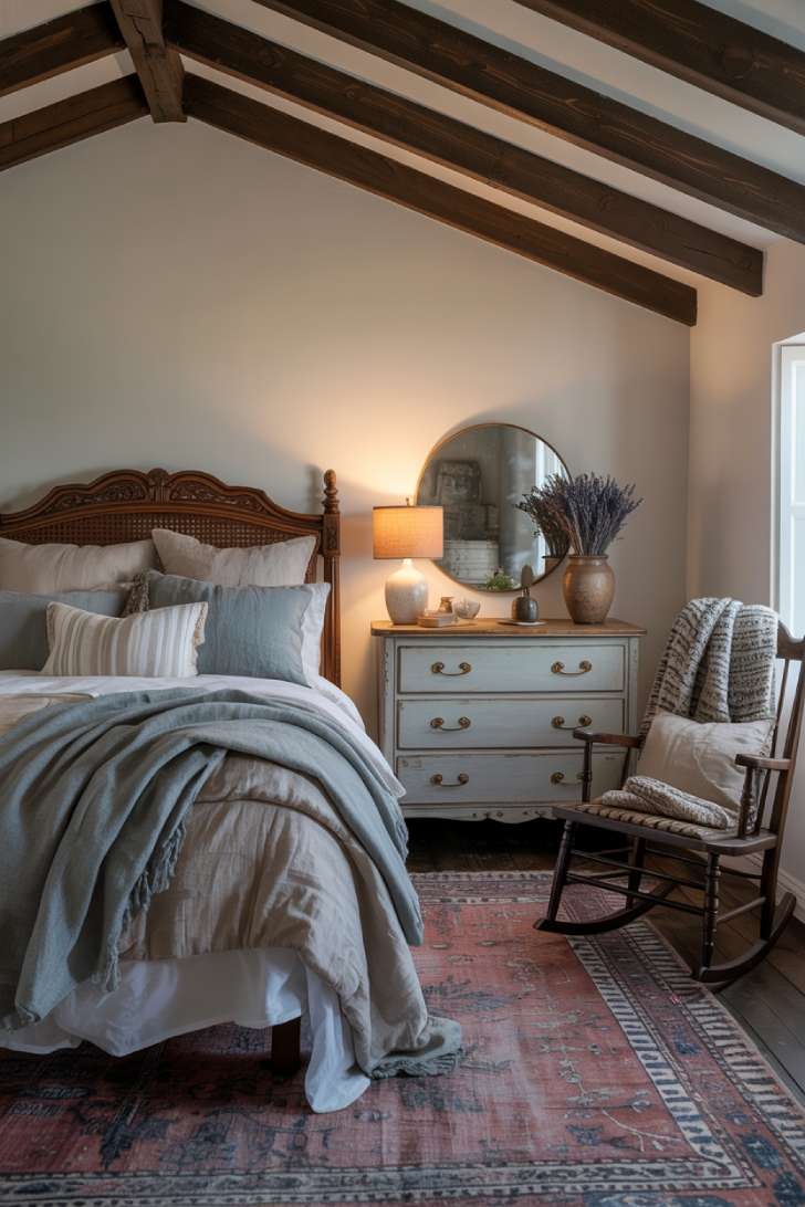 11 Cozy Farmhouse Guest Bedroom Ideas with Rustic Charm 7 Farmhouse guest bedroom with dark wood ceiling beams, carved wooden headboard, vintage dresser, and an antique rocking chair in the corner