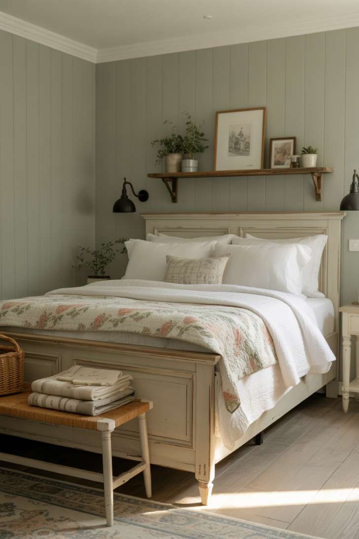 11 Cozy Farmhouse Guest Bedroom Ideas with Rustic Charm 8 Farmhouse guest bedroom with soft sage green walls, distressed white wooden bed frame, black metal sconces, and rustic floating shelves with plants