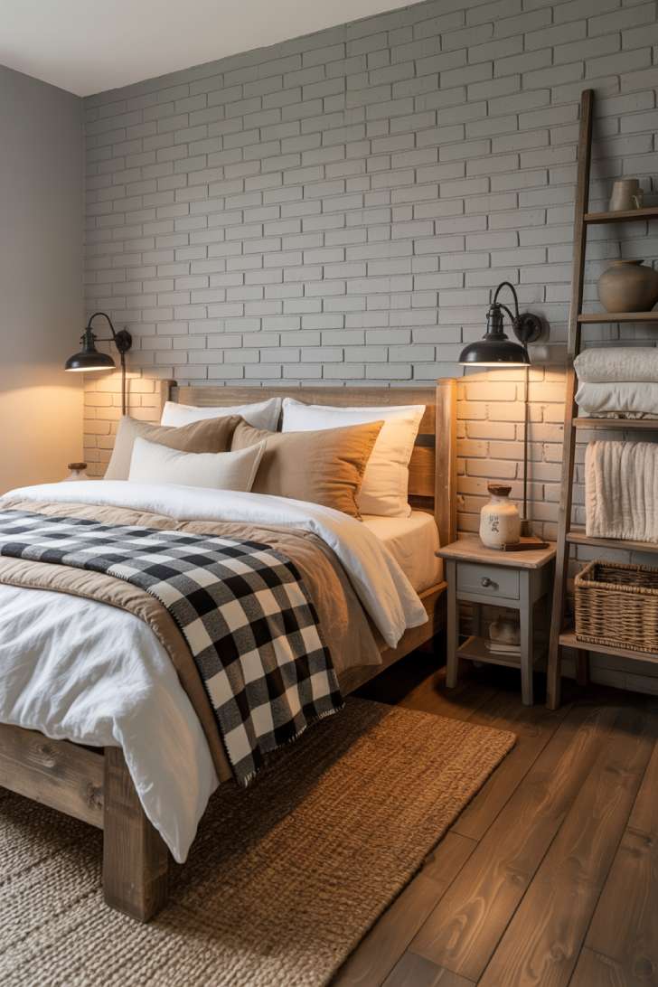 11 Cozy Farmhouse Guest Bedroom Ideas with Rustic Charm 10 Farmhouse guest bedroom with light gray painted brick wall, rustic wooden bed frame, buffalo check throw, and a wooden ladder shelf with folded quilts