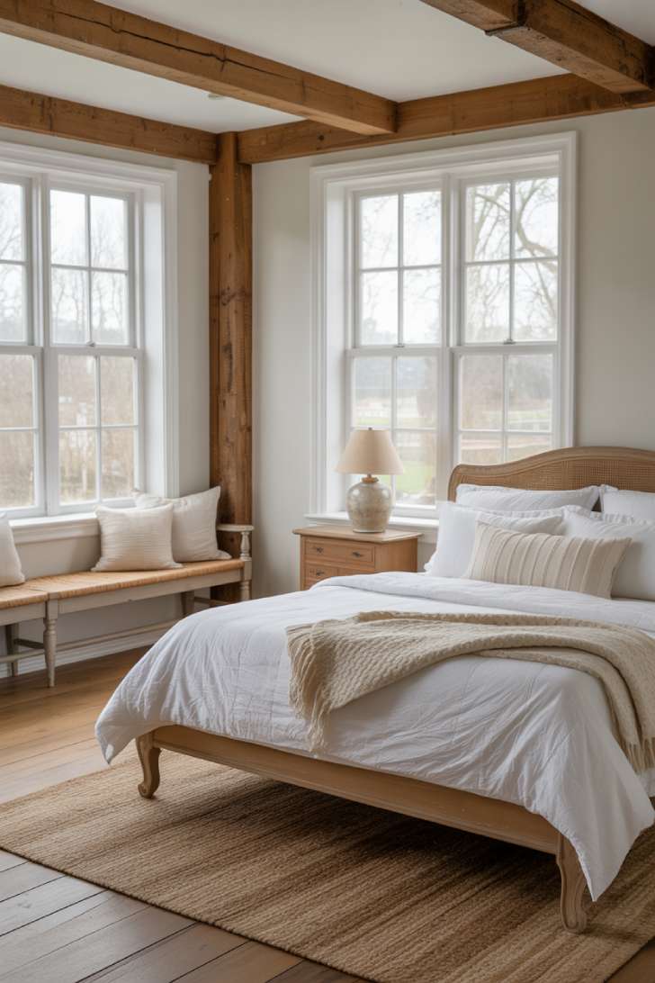 11 Cozy Farmhouse Guest Bedroom Ideas with Rustic Charm 11 Bright farmhouse guest bedroom with large windows, exposed natural wood beams, simple oak bed frame, airy white bedding, and a braided rug over hardwood floors