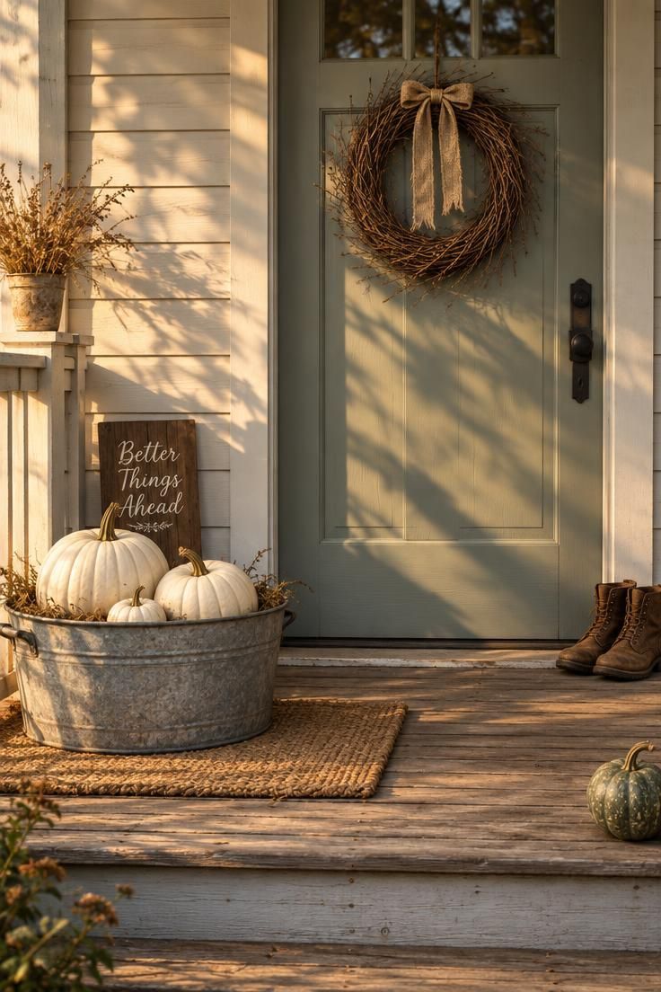 A covered porch with a galvanized tub of white pumpkins in three sizes, a twig wreath on a painted door, and a small wood sign leaning beside the tub.