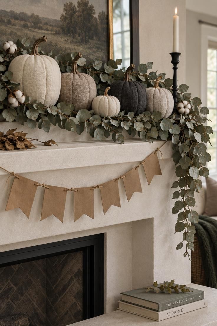 A white plaster mantel with a long dried eucalyptus garland, five cream and gray fabric pumpkins at varied heights, a kraft banner below the shelf, and a black iron candlestick.