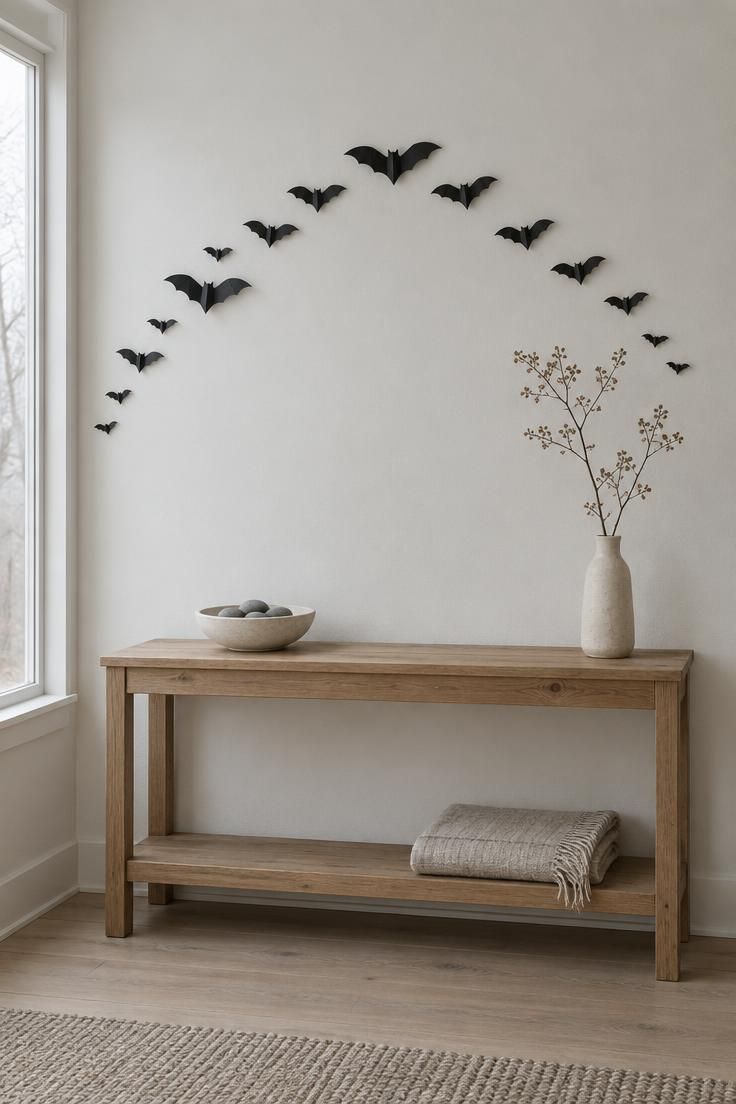 A bare white wall above a raw wood console with a swooping arc of black paper bats in varied sizes and a cream stoneware bowl of gray pebbles on the console.