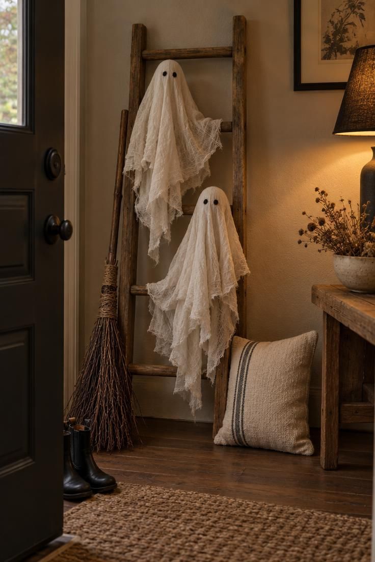 A short wooden ladder near a door with two layered cheesecloth ghosts draped over the rungs, a twig broom leaning beside it, and a cream pillow on the floor.