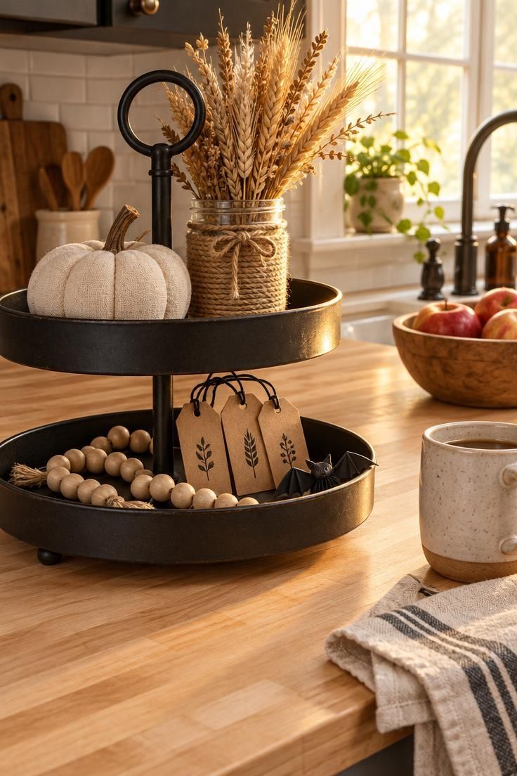 A kitchen counter with a black two-tier tray holding a cream fabric pumpkin, a twine-wrapped jar of wheat, kraft tags on black string, wooden beads, and a small paper bat.