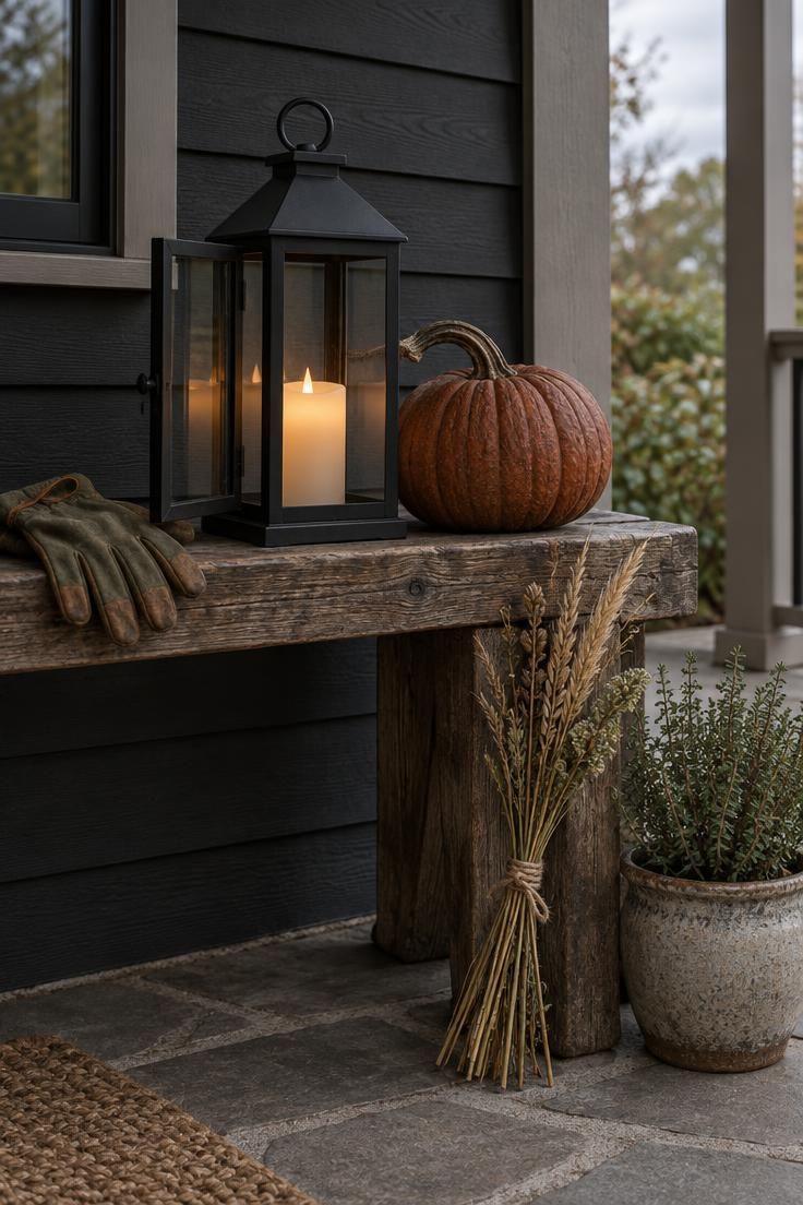 A low wooden bench with a black metal lantern holding a flameless candle, a rust-colored pumpkin beside it, and dried grasses tied with twine leaning on the bench leg.