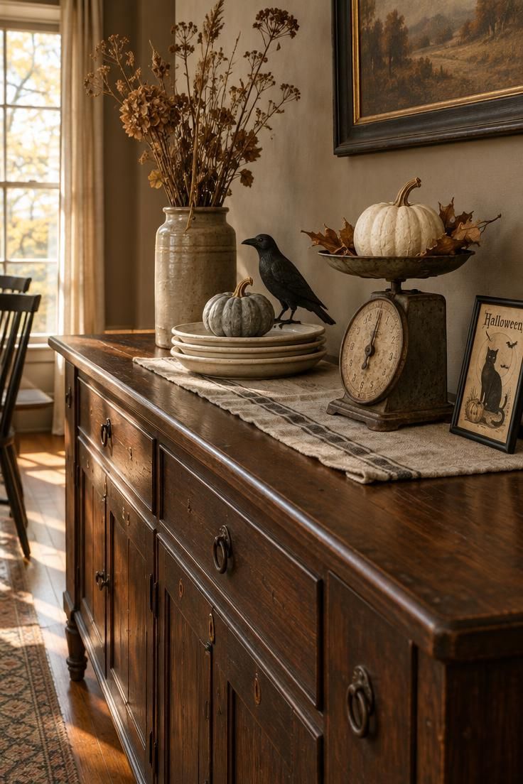 A wood sideboard with a stack of cream plates topped by a gray gourd, an aged metal scale holding a white pumpkin and dried leaves, a black bird silhouette, and a framed vintage Halloween printables card.