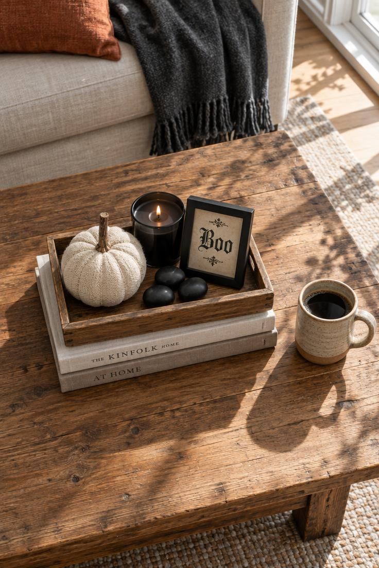 An overhead view of a wood tray on a coffee table with a cream fabric pumpkin, a black candle in a glass jar, a framed Boo print, black pebbles, and two books underneath.