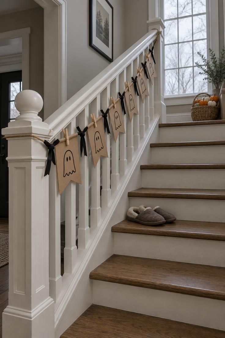 A staircase railing with a jute twine banner of seven kraft paper flags, each with a black ghost outline, clipped with wooden clothespins and spaced with black ribbon knots.