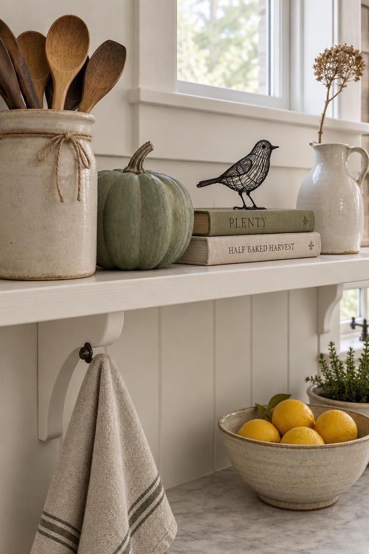 An open kitchen shelf with a stoneware crock of wooden spoons, a sage-painted pumpkin, a black wire bird on two cookbooks, and an ironstone pitcher with one dried stem.