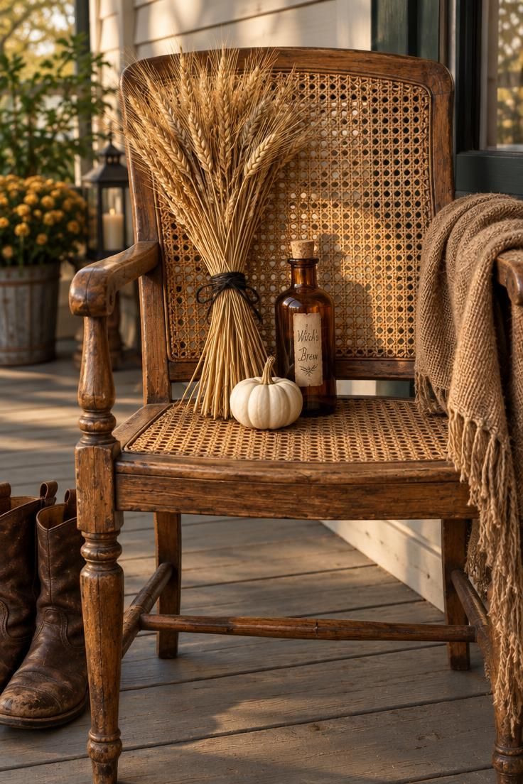 A cane-back chair on a porch with a bundle of dried wheat tied in black twine, an amber glass witch bottle with a cork, and one white mini pumpkin on the seat.