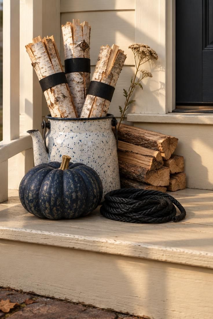 Three birch kindling bundles with black twill ties standing in a speckled enamelware kettle, a navy pumpkin in front, and a coiled black rope on a cream porch step.