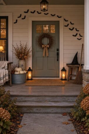 A covered porch at dusk with a twig wreath on a gray-green door, a galvanized tub of white pumpkins, a soft black witch hat on a stool, a twig broom, black paper bats above the door, and two black lanterns glowing on the step.