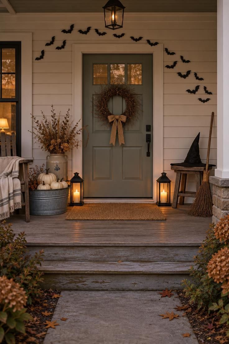 A covered porch at dusk with a twig wreath on a gray-green door, a galvanized tub of white pumpkins, a soft black witch hat on a stool, a twig broom, black paper bats above the door, and two black lanterns glowing on the step.