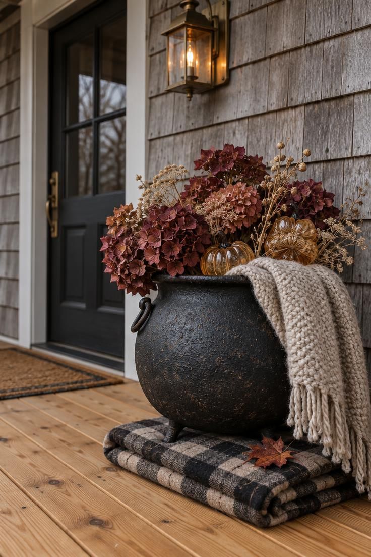 11 Whimsical Farmhouse Halloween Porch Decor Ideas 1 A black iron cauldron overfilled with burgundy dried hydrangea and pale amber glass pumpkins on an oatmeal blanket beside a weathered gray porch wall.