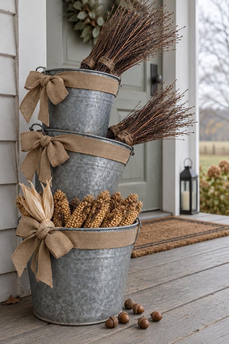 11 Whimsical Farmhouse Halloween Porch Decor Ideas 3 Three stacked galvanized pails with twig brooms, burlap bows, dried broom corn, and acorns beside a farmhouse door.
