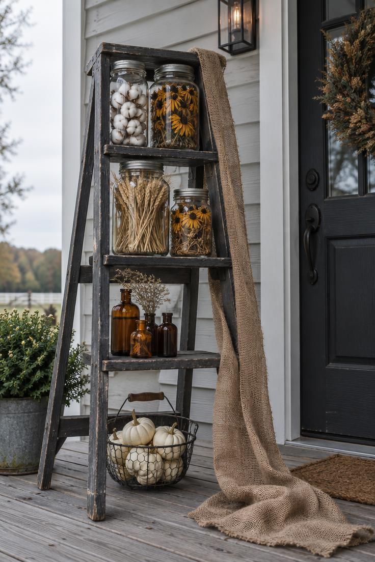 11 Whimsical Farmhouse Halloween Porch Decor Ideas 5 Charcoal painted step ladder holding glass pantry jars with dried cotton bolls and wheat stems, burlap runner draped down one side.