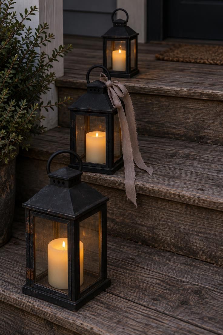 11 Whimsical Farmhouse Halloween Porch Decor Ideas 6 Three black metal lanterns of different sizes on weathered porch steps with battery candles glowing and a faded ribbon on the middle handle.
