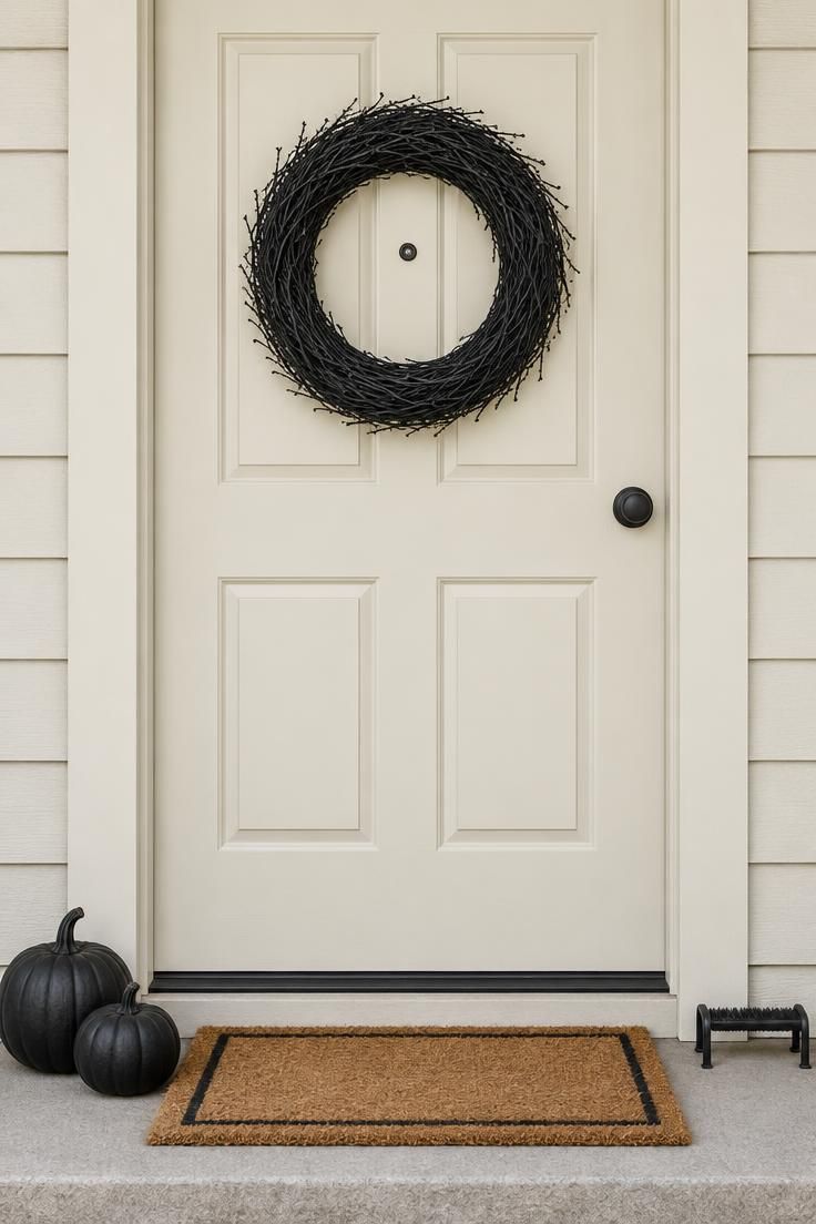 11 Whimsical Farmhouse Halloween Porch Decor Ideas 8 A matte black grapevine wreath on a cream front door with two small black painted pumpkins on the step below.