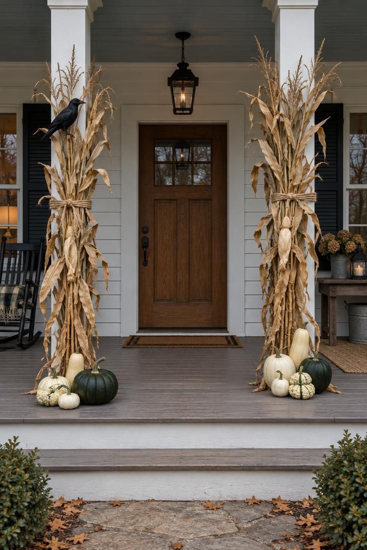 11 Whimsical Farmhouse Halloween Porch Decor Ideas 9 Dried cornstalks tied to two farmhouse porch columns with mismatched pale gourd clusters at the base and a black crow on one column.