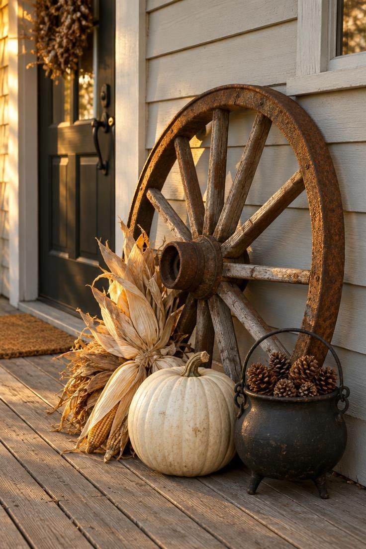 11 Whimsical Farmhouse Halloween Porch Decor Ideas 10 A rusty wagon wheel leaning against porch siding with dried corn husks, a large white pumpkin, and a black cauldron of pine cones in front.