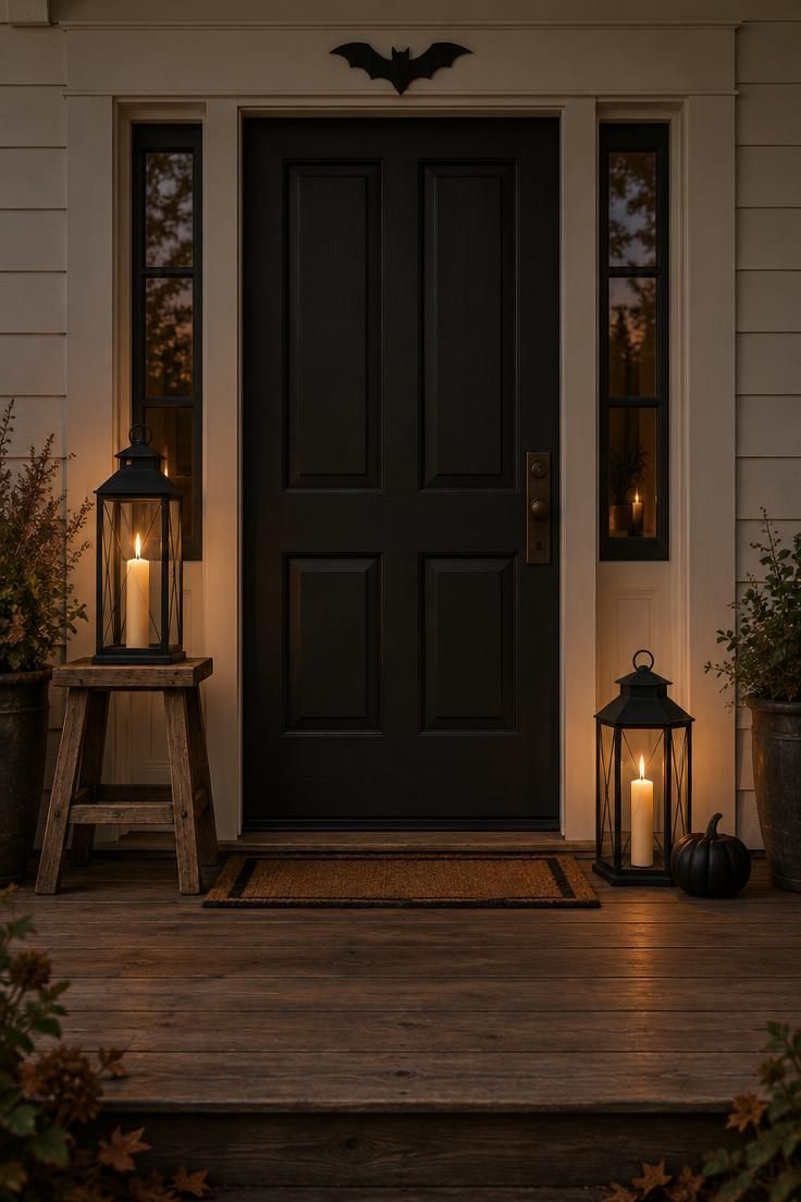 11 Whimsical Farmhouse Halloween Porch Decor Ideas 11 Two black metal lanterns with bone colored tapers flanking a farmhouse door, one on a wooden stool and one on the floor, with a small black pumpkin.