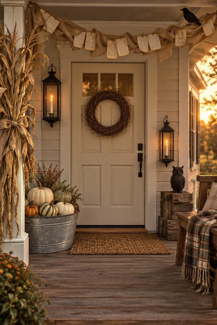 Simple Spaces 23 A farmhouse Halloween porch at dusk with a galvanized tub of white pumpkins, a burlap banner, black lanterns with bone tapers, cornstalks, and a barn wood stack.