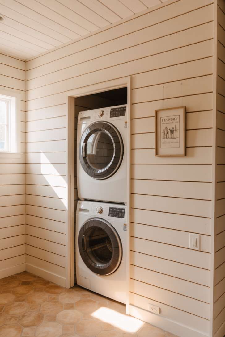 13 Cozy Farmhouse Laundry Room Ideas to Refresh Your Home 1 White shiplap accent wall in a bright farmhouse laundry room with terracotta tile floor